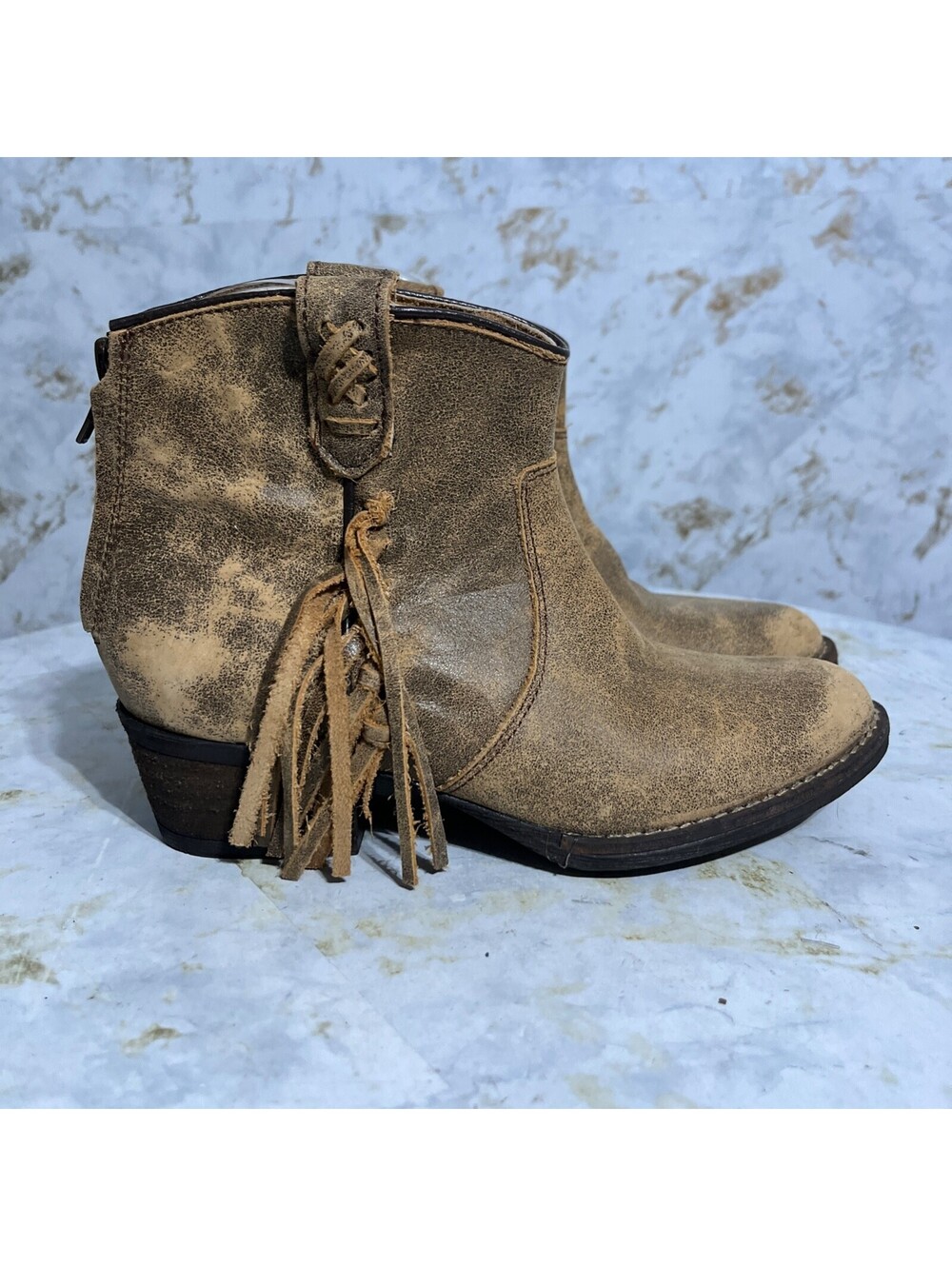 Very Volatile Womens Sz 6.5 Shoes Brown Leather Fringe Western Cowboy Ankle Boot